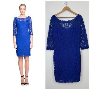 Tadashi Shoji Embroidered Lace 3/4 Sleeve Sheath Dress Size 12 Mystic Blue Lined